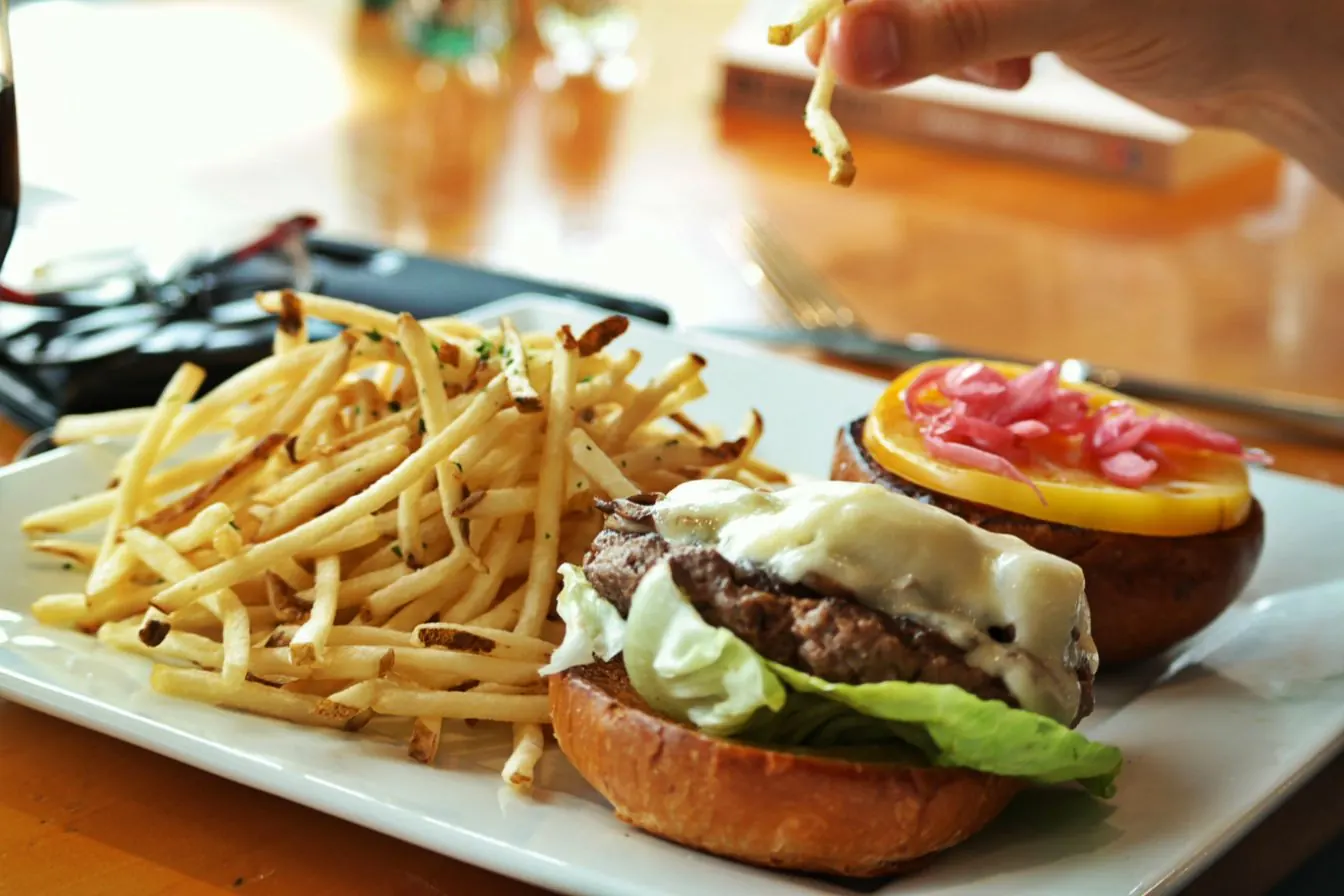 Burger and shoestring fries