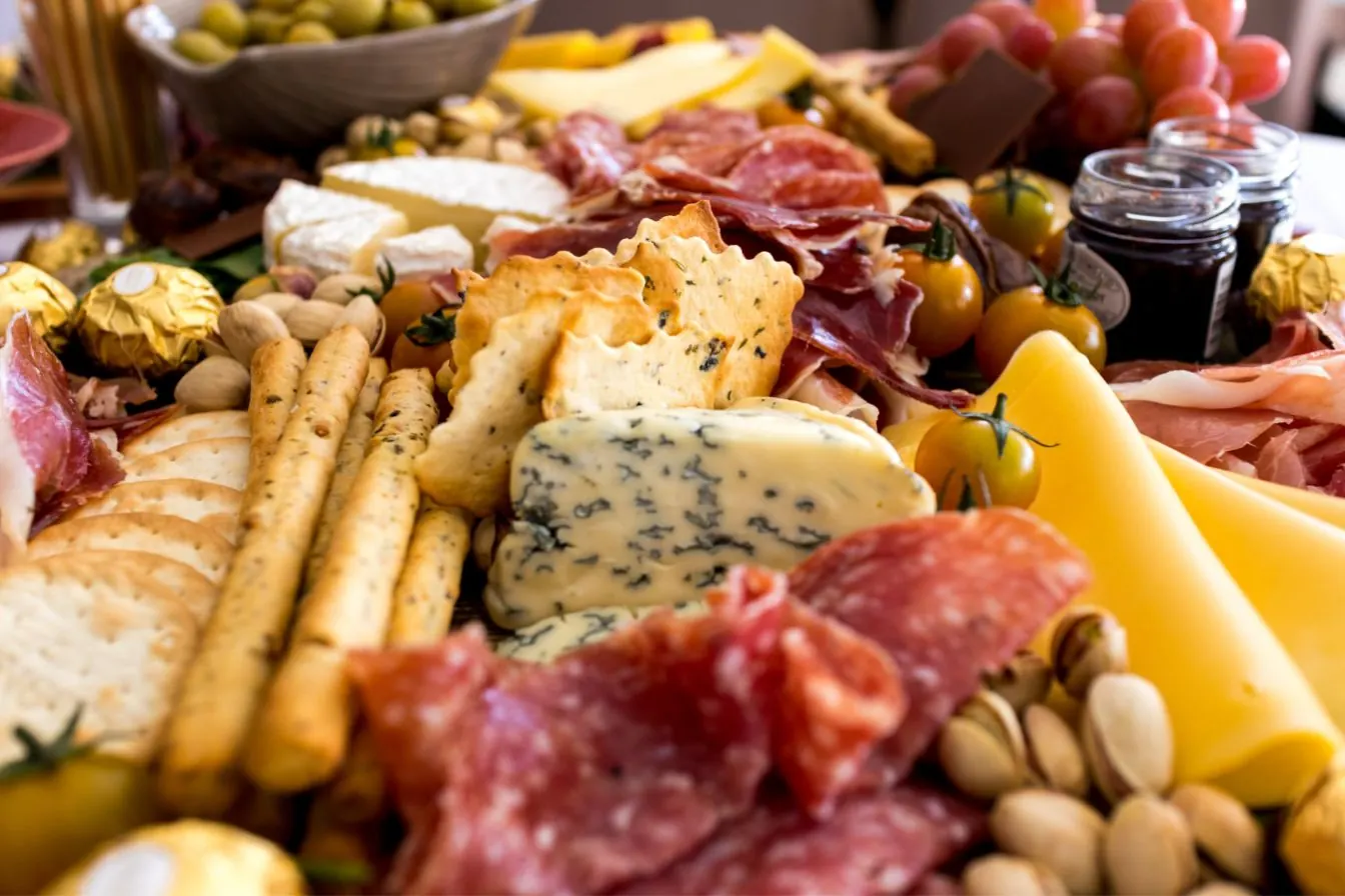Charcuterie, cheese and crackers on a grazing display